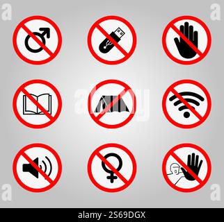 Verbotsschilder und verschiedene Warnzeichen Symbol Symbol Zeichen isolieren auf weißem Hintergrund, Vektor-Illustration Stock Vektor