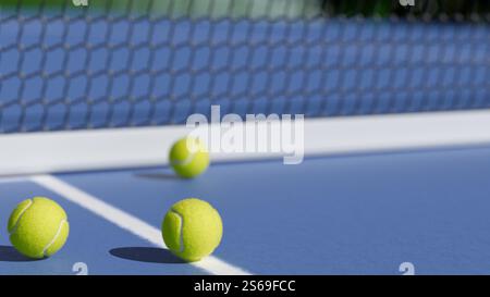 Tennisbälle auf einem blauen Platz, bereit für das Spiel, die die lebendige Energie des Sports zeigen. 3D-Rendering Stockfoto