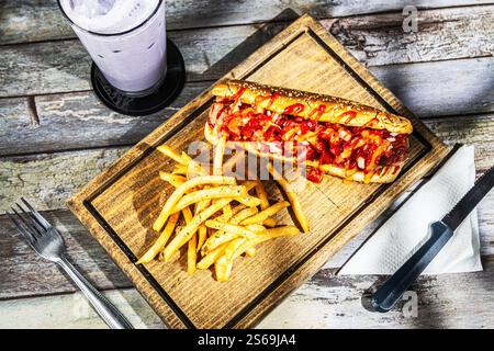 Blick von oben auf Hot Dog mit Pommes und Blaubeershake. Stockfoto