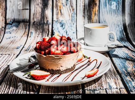 Erdbeerkuchen mit Schokolade, begleitet von einem Kaffee. Stockfoto
