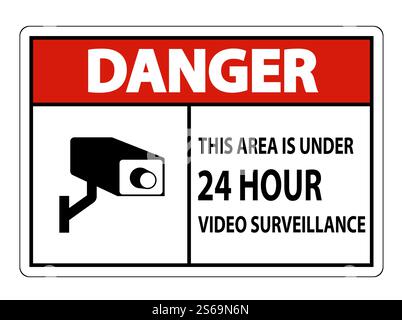 Gefahr in diesem Bereich liegt das Symbol für die Videoüberwachung unter 24 Stunden, isoliert auf weißem Hintergrund, Vektorgrafik Stock Vektor