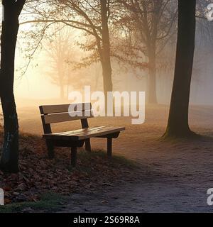 Holzbank in einem kleinen Dorfpark, bedeckt von Nebel, weiches Morgenglühen in der Ferne Stockfoto