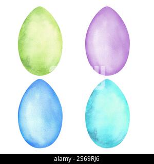Ein Bündel von vier bunten Eiern. Grün, Blau, Flieder und Türkis. Ostereier. Osterferien-Clipart. Handgezeichnete Aquarellabbildungen1 Stockfoto