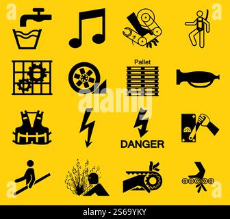 Warnschilder, Symbole für industrielle Gefahren, isoliert auf weißem Hintergrund, Vektorgrafik Stock Vektor