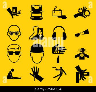 Warnschilder, Symbole für industrielle Gefahren, isoliert auf weißem Hintergrund, Vektorgrafik Stock Vektor