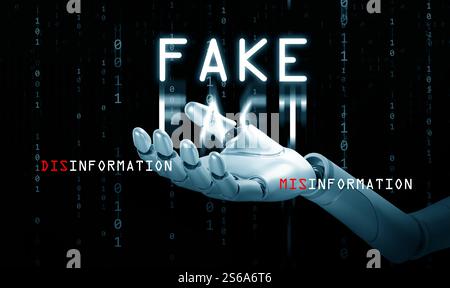 KI und das Konzept von Fake News, Fehlinformationen und Desinformation: Die Hand eines Roboters, der künstliche Intelligenz repräsentiert, Worte hält und sich ändert Stockfoto