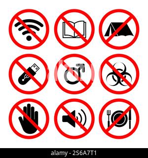Verbotsschilder und verschiedene Warnzeichen Symbol Symbol Zeichen isolieren auf weißem Hintergrund Stock Vektor