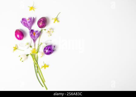 Bunte ostereier und Blumen Krokus auf weißem Hintergrund. Flach, Draufsicht und Kopierbereich Stockfoto