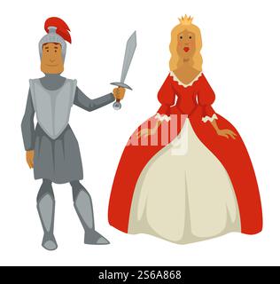 Prinzessin im Ballkleid und Ritter in Rüstung isolierte mittelalterliche Charaktere Vektor Mann mit Schwert und Frau in cr besitzen oder diadem historische oder märchenhafte Persönlichkeiten Königreich Krieger und weibliche Monarin. Ritter in Rüstung und Prinzessin im Ballkleid isolierten mittelalterliche Charaktere Stock Vektor