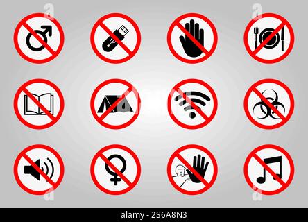 Verbotsschilder und verschiedene Warnzeichen Symbol Symbol Zeichen isolieren auf weißem Hintergrund, Vektor-Illustration Stock Vektor
