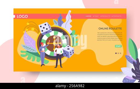 Glücksspiel Casino Roulette Rad Internet Webseite Vorlage Vektor Würfel Score Gewinn einfach verdienen Gewinn oder Jackpot Einsatz oder Wette Glück Risiko und Gelegenheit Rotation Spieler oder Spieler und weibliche Croupier. Online-Webseitenvorlage für Casino Roulette Wheel Glücksspiel Stock Vektor