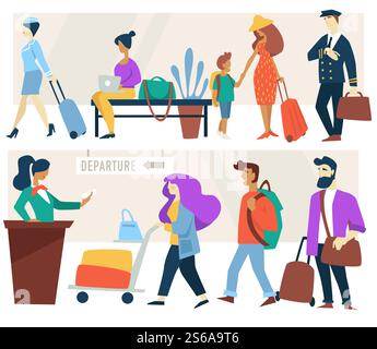Flugpassagiere Lufthostess und Pilot Flughafen Wartezimmer und Check-in Schalter Vektor Reisende mit Gepäck und Flugzeugbesatzung Männer und Frauen Rezeption und Abflugzone Reise und Flug. Wartezimmer und Check-in-Schalter am Flughafen Passagiere, Hostess und pilote Stock Vektor