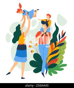 Familie Freizeit Eltern und Kinder Mutter Vater Tochter und Sohn Vektor Mutter überwirft Mädchen und Vater tragen Jungen auf Schultern Mann und Frau Kinder spielen Outdoor-Aktivitäten Bruder und Schwester. Eltern und Kinder Familie Freizeit Mutter Vater Tochter und Sohn Stock Vektor