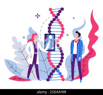 Genetische Code-Untersuchung DNA-Laborgeräte und Wissenschaftler Vektor Mann und Frau im Gewand Gene Wissenschaft Labor und Biotechnologie Entwicklung biologisches Material moderne Technologie Geräteforschung. Laborgeräte und Wissenschaftler zur Untersuchung von DNA-genetischem Code Stock Vektor