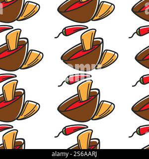 Mexikanisches Essen Nachos traditionelle heiße Chilisauce und knusprige Chips nahtlose Muster Vektor Salsa Schüssel mit scharfem Dip Pfeffer Gemüse Reise nach Mexiko endlose Textur Kochen oder kulinarische Tapetendruck. Nachos traditionelles mexikanisches Essen, heiße Chilisauce und knusprige Chips Stock Vektor