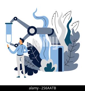 Wissenschaftler und intelligenter Mechanismus Künstliche Intelligenz im Chemielabor und Chemiewissenschaft Vektorflasche mit Flüssigkeit oder Substanz und automatischem Arm man Chemiker und Experiment AI abstraktes Konzept. Künstliche Intelligenz im Chemielabor und Chemiewissenschaftler und intelligenter Mechanismus Stock Vektor