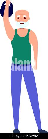 Seniorenmann hebt die Kettlebell-Symbol an. Cartoon des älteren Mannes heben Kettlebell Vektor-Symbol für Web-Design isoliert auf weißem Hintergrund. Senior man hebt die Kettlebell-Ikone, Cartoon-Stil Stock Vektor