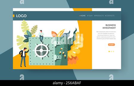 Business Investment Web Page Template Vektor Internet Banking und Geldspeicherung Service Online-Transaktionen sichere Bargeld und Gold Finanzen und Wirtschaft Gewinn und Sparen Budget Beratung oder Buchhaltung. Online-Banking Online-Website für Unternehmensinvestitionen Stock Vektor
