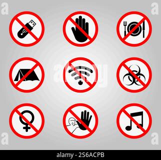 Verbotsschilder und verschiedene Warnzeichen Symbol Symbol Zeichen isolieren auf weißem Hintergrund, Vektor-Illustration Stock Vektor