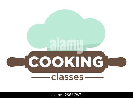 Rolling Pin und Chef Hut Kochkurse isoliert Icon Vektor kulinarische Schule ausländische Küche Workshop Emblem oder Logo Lebensmittel Zubereitung Gerichte und Mahlzeiten Rezept Koch Kopfschmuck und Küchenwerkzeug. Kochkurse, isolierte Ikonen und Kochmütze Stock Vektor
