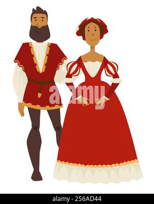Paar Renaissance Stil Mann und Frau Ball Kleid und Leggings Vektor isolierte Zeichen Korsett und Weste alte Mode traditionelle Kleidung oder Outfit bärtiger Mann und Frau in Kleid Familie. Ballkleid und Leggings für Männer und Frauen im Renaissance-Stil Stock Vektor