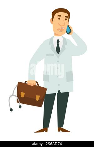 Arzt, der telefonisch mit Aktenkoffer und Stethoskop isoliert männlichen Charakter Vektor Arzt Therapeut oder Kinderarzt Medizin Arbeiter in der einheitlichen Gesundheit und Behandlung medizinischen Beruf. Arztpraztin mit Telefonaktentasche und Stethoskop isoliertem Charakter Stock Vektor