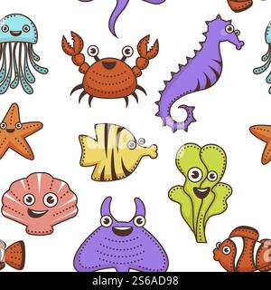 Meeresbewohner Unterwasser Tiere und Pflanzen Zeichentrickfiguren nahtlose Muster Vektor Stachelrochen und Algen Seesterne und Krabben Seepferdchen und Clownfisch Quallen und Flunder Muscheln endlose Textur.. Unterwassertiere und Meereslebewesen nahtlos Stock Vektor