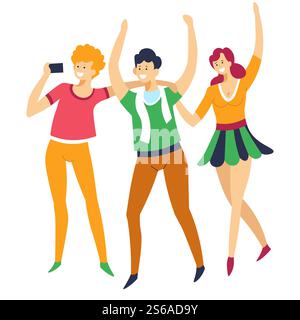 Sportfans Männer und Frauen jubeln Fußball Team Vektor isolierte Gruppe von Charakteren Freunde in Schal und Rock mit Smartphone Film Spiel oder Match-Fans oder Rooter Mädchen und Mann mit Hände hoch. Sportfans, Männer und Frauen, die die Fußballmannschaft aufmuntern Stock Vektor