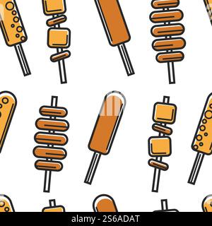 Street Food koreanische Küche nahtloses Muster Fleisch Kartoffel und Käse auf Spieß Vektor frittierte Mahlzeiten endlose Textur kulinarische Rezepte und Kochgerichte auf Stöcken Tapetendruck Reisen und Tourismus. Koreanisches Streetfood mit nahtlosem Muster, Fleischkartoffeln und Käse auf Spießen Stock Vektor
