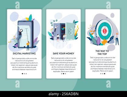 Sparen Sie Geld digitales Marketing und Weg zum Anfang Webseitenvorlage Vektor Geschäftskonzepte Unternehmertum Online-Werbung und Sparen von Konto Gewinn und Vermögen Strategie Internet-Site-Mockup. Digitales Marketing spart Geld und bietet eine Website-Vorlage zum Anfang Stock Vektor