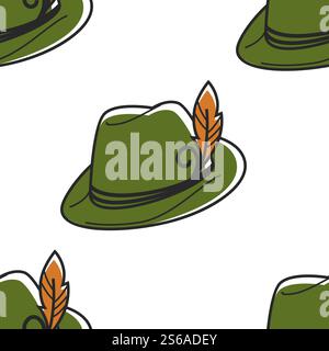 Hut mit Feder österreichisches Symbol nahtlose Muster Vektor Österreich traditioneller Kopfschmuck nationales Kostümelement endlose Textur Reisen und Tourismus robin Kapuze Kopfschmuck Tapete Druck Kleid. Österreichischer Symbolhut mit federkeule Stock Vektor