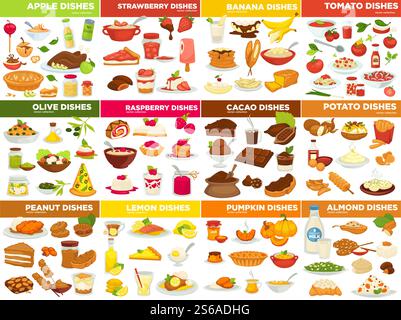 Gemüse Obst und Nuss Gerichte Lebensmittel Kochen Rezepte Vektor Apfel und Erdbeere Tomate und Banane Oliven und Himbeer Kakao und Kartoffel Erdnuss und Zitronenkürbis und Mandeln Zutaten Mahlzeiten oder Desserts. Obst Gemüse- und Nussgerichte Kochrezepte Stock Vektor