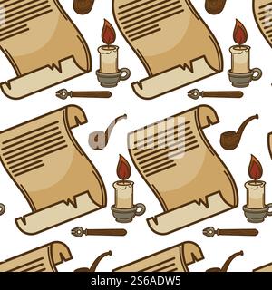 Pergament oder Papyrus Scroll und Kerze Manuskript altes Papierblatt nahtloses Muster Vektor Stift und Text altes historisches Dokument endlose Textur Bildung und Wissen Literatur Tapetendruck. Nahtloses Muster aus Pergamentpapier und Kerzenpapier Stock Vektor