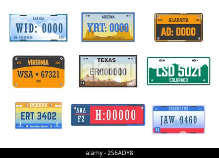 Autokennzeichen Kennzeichen Autokennzeichen amerikanische staaten isolierte Ikonen Vektor Arizona Alabama und Alaska Ziffern und Buchstaben Transport Zulassung Texas und Virginia Indiana Grönland und Colorado. Nummernschilder Autokennzeichen amerikanische staaten isolierte Ikonen Stock Vektor