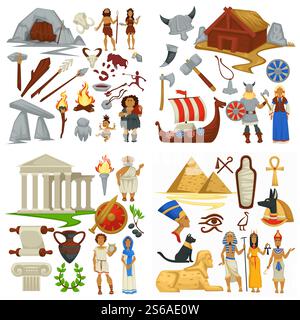 Primitive Menschen und wikinger das antike Griechenland und Ägypten alte Vektor Männer und Frauen Höhlen und Hütten Säulen und große Pyramiden Geschichte und Kultur Waffen und Schiff Amphoren und Sphinx Pharaonen und Krieger. Antike Zivilisationen primitive Menschen und wikinger Antike Griechenland und Ägypten Stock Vektor