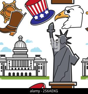 Reisen und Tourismus amerikanische Symbole und Architektur nahtlose Muster Vektor Liberty Statue und Washington Kapitol Hut und Cowboy, Stiefel Adler Profil endlose Textur USA Monumente und Kleidung.. Amerikanische Symbole und Architektur nahtlose Muster für Reisen und Tourismus Stock Vektor