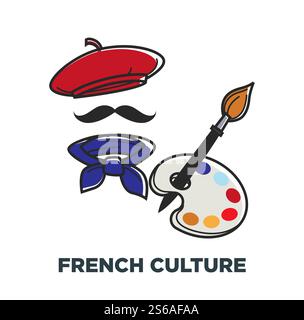 Baskenmütze und Halstuch Pinsel und Palette Französisch Kultur Symbole von Frankreich Vektor stereotype Outfit Schnurrbart und Malerei Kunst Reisen und Tourismus Attraktion und Sightseeing Kopfschmuck und Farbe. Französische Kultursymbole der französischen Baskenmütze und Halstuch-Pinsel und -Palette Stock Vektor