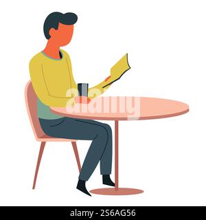 Café-Tisch-Mann Lesebuch und Getränk Tasse isolierte männliche Charakter Vektor Cafeteria oder Büro Kantine Kaffeepause Ausbildung und Wissen Arbeiter oder Student Mittagessen Zeit Heißgetränk und Lehrbuch. Mann liest im Café-Tischbuch und Tasse isolierte Figur Stock Vektor