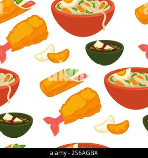 Nudeln und Meeresfrüchte koreanisches Essen nahtlose Muster Küche Vektor Ramen und Suppe frittierte Garnelen und Roll Bohnen endlose Textur Garnelen und Gebäck Lebensmittel nationale kulinarische Rezepte Tapetendruck.. Koreanisches Essen nahtlose Nudeln und Meeresfrüchte Küche Stock Vektor