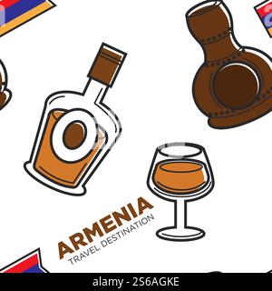 Alkohol Getränke Armenien Reiseziel traditionelles Getränk nahtlose Muster Vektor Cognac und armenischer Wodka Artsach Nationalflagge endlose Textur Flaschen und Glas Reise oder Reise nach Caucase.. Armenien Reiseziel Alkohol Getränke traditionelles Getränk Stock Vektor