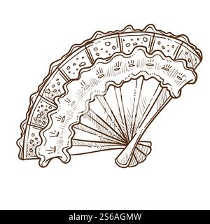 Vintage-Accessoire Retro-Ventilator mit Spitze und Holzgriff Vektor isolierte Skizze weibliches altmodisches Element mit kühlendem Effekt Souvenir Stoff, oder Textil Faltartikel monochrome Zeichnung Kleid. Vintage-Accessoire im Retro-Stil mit Spitze und Holzgriff Stock Vektor