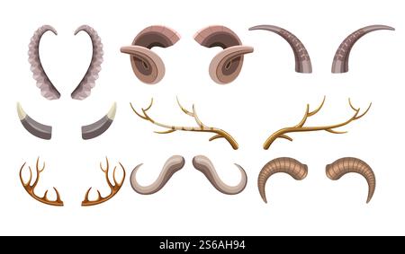 Jagdtrophäe Tierhörner Ziegenhirsche und Elche Wilderei Vektor isolierte verzweigte und gekrümmte Antilopen oder Geweihe und Widder Wildsäuger Kopf Taxidermie Rentier Hirsch und Bergfauna.. Tierhörner jagen Trophäen Ziegenhirsche und Elchwilderei Stock Vektor