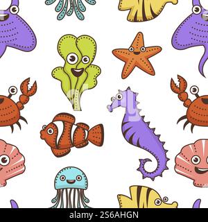 Meeresunterwassertiere und -Pflanzen Zeichentrickfiguren nahtlose Muster Vektor Stachelrochen und Algen Seesterne und Krabben Seepferdchen und Clownfische Quallen und Flunder Muscheln endlose Textur. Unterwasser-Tiere und -Pflanzen-Zeichentrickfiguren nahtloses Muster Stock Vektor