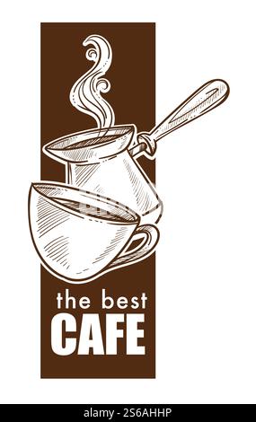 Heißes dampfendes Getränk Tasse und truthahn Coffee Shop oder Haus isoliert Icon Vektor energetisches Getränk Brauerei Café oder Bar und Restaurant oder Cafeteria Bio Bohnen und Koffein Zutat Emblem oder Logo.. Tasse und truthahn heißes Dampfgetränk Café oder Haus Stock Vektor