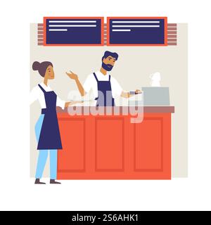 Cafe Personal Coffee House Bar Barista oder Barkeeper und weitress Vektor Mann und Frau Elektroschleifer und Menüarbeiter in der Schürze energetische Getränke und Getränke Cafeteria oder Restaurantkollegen unterhalten sich. Coffee House Bar Barista oder Barkeeper und weitress Café-Personal Stock Vektor