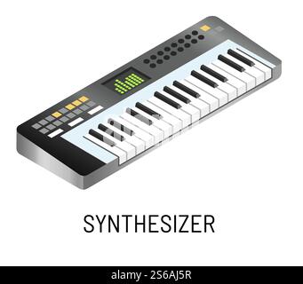 Elektronische Musik Konzert Synthesizer oder Klavier spielen Vektor Musikinstrument Elektrogerät Live-Sound-Performance oder Show-Tasten und -Noten Lied oder Melodie isolierte Objekt Elektro-Genre-Produktion.. Elektronische Musik am Klavier oder Synthesizer, die isoliertes Musikinstrument spielt Stock Vektor