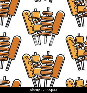 Street Food auf Stock koreanische Küche nahtloses Muster Fleisch Kartoffel und Käse auf Spieß Vektor frittierte Mahlzeiten endlose Textur kulinarische Rezepte und Kochgerichte Tapetendruck Reisen und Tourismus. Koreanische Fast-Food-Straßenmahlzeiten auf nahtlosem Muster Stock Vektor