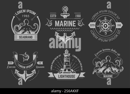 Marine oder nautische Symbole isolierte Symbole Vektor Krake und Anker Rührrad Leuchtturm Marlin und Kraken Kreideskizzen Emblem oder Logo Unterwassertiere Beacon oder Suchscheinwerfer und Schiffsteile.. Nautische oder Marine Symbole isolierte Symbole Krake und Anker Stock Vektor