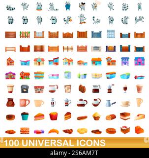 100 universelle Symbole. Zeichentrickillustration von 100 universellen Symbolen Vektor-Satz isoliert auf weißem Hintergrund. 100 universelle Symbole im Cartoon-Stil Stock Vektor