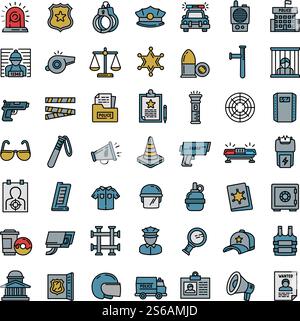 Symbole für Polizeiausrüstung gesetzt. Umrisssatz von Polizeiausrüstung Vektorsymbolen für Webdesign isoliert auf weißem Hintergrund. Polizeiausrüstung Icons Set, Umrissstil Stock Vektor
